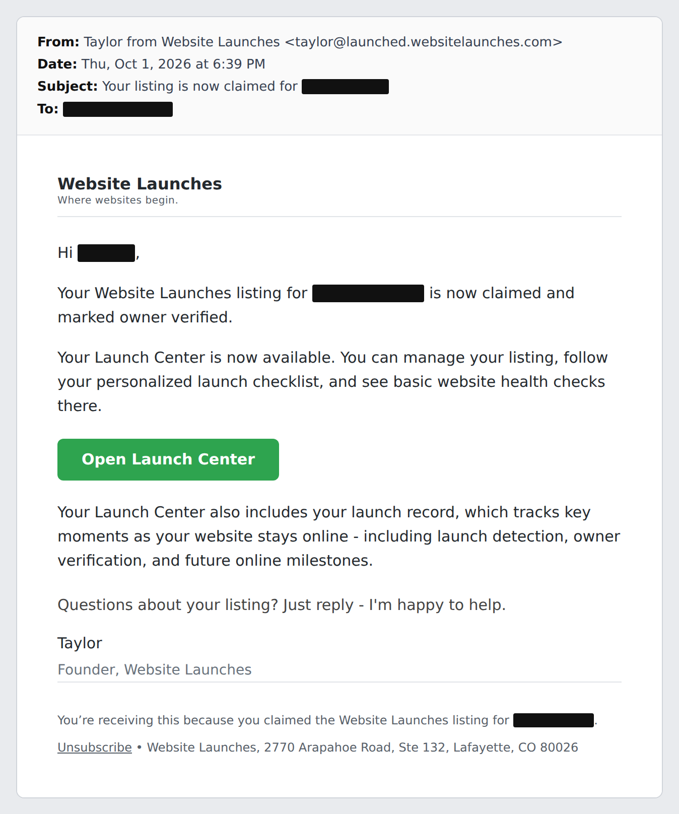 Email from Website Launches, Thursday October 1 at 6:39 PM: 