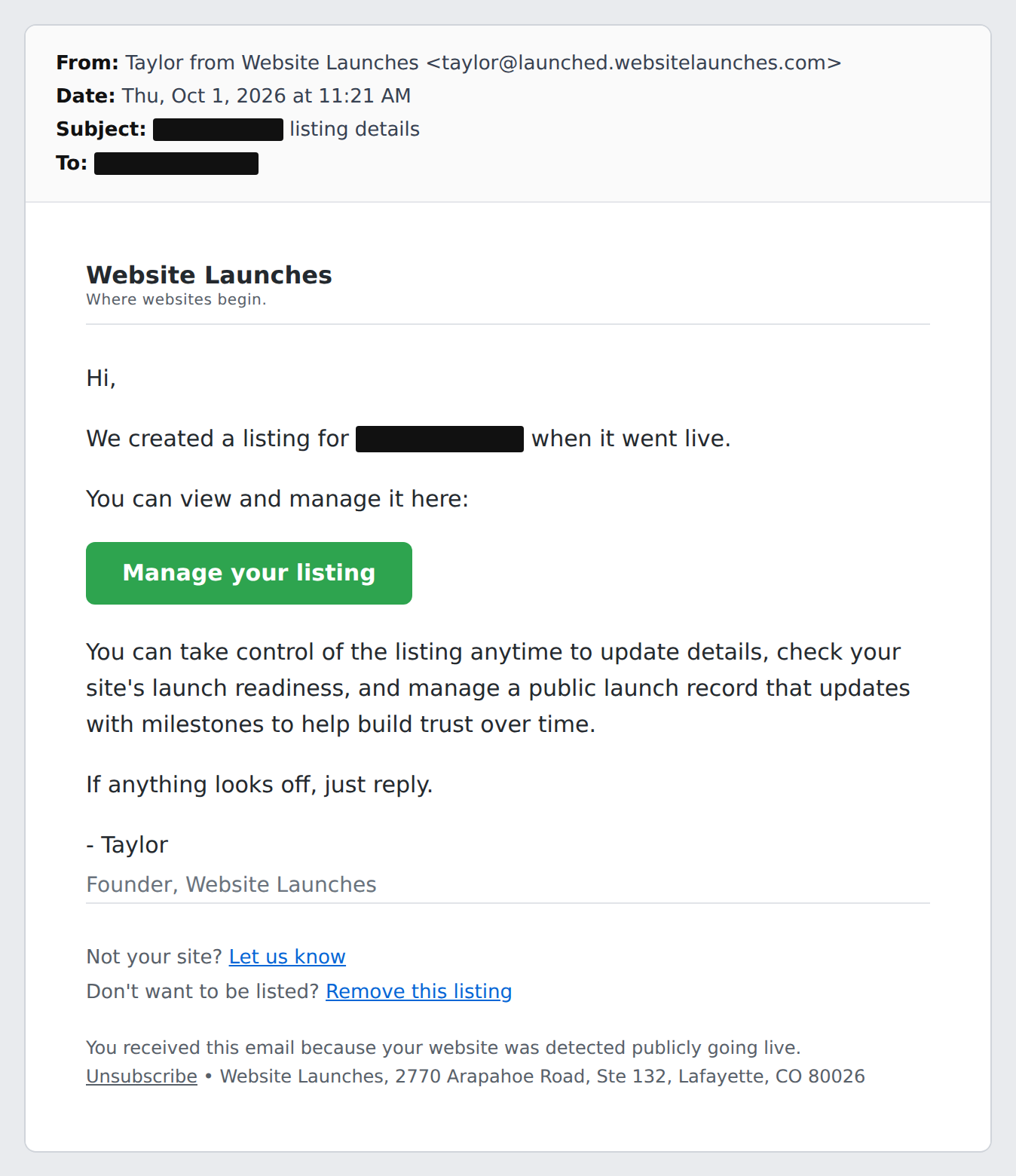 Email from Website Launches, Thursday October 1 at 11:21 AM: 